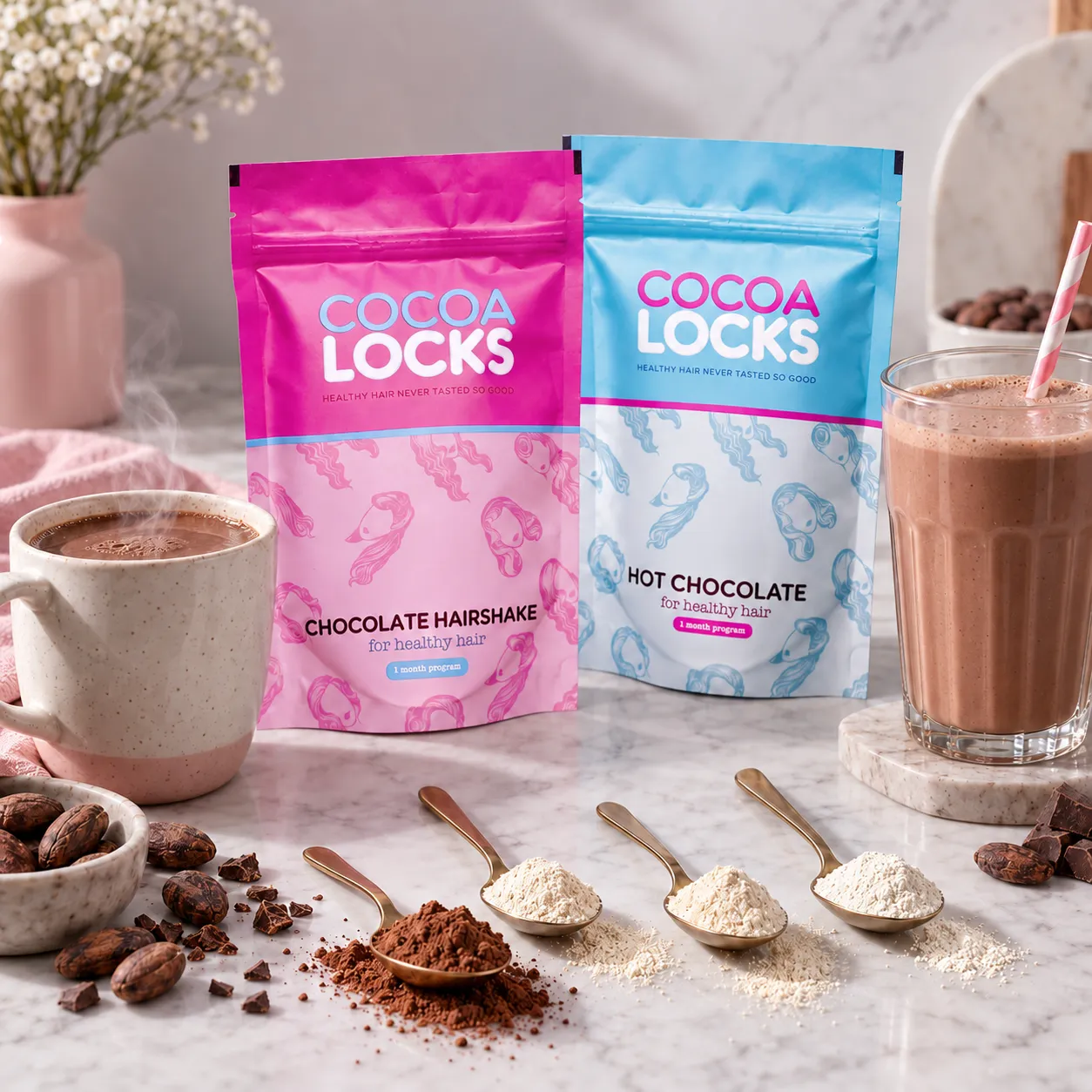 Both Cocoa Locks pouches on a stone counter with a mug of hot chocolate, a cold shake, cocoa beans and spoons of powdered nutrients