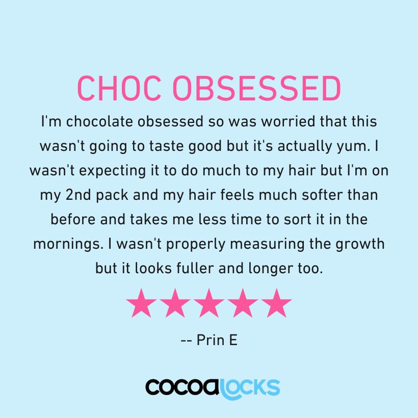 Cocoa Locks hair vitamin hot chocolate, pouch and mug