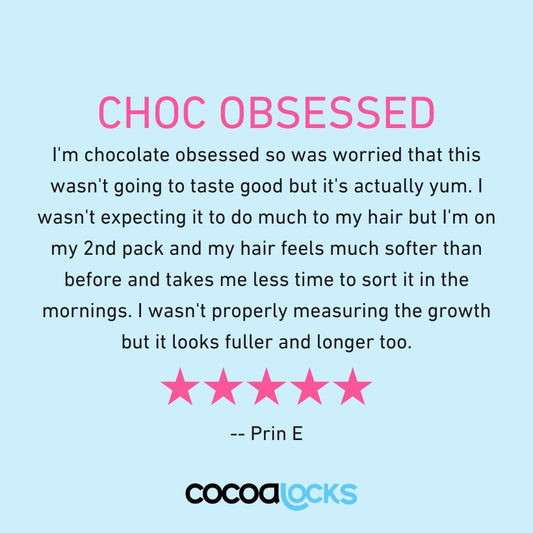 Cocoa Locks hair vitamin hot chocolate, pouch and mug